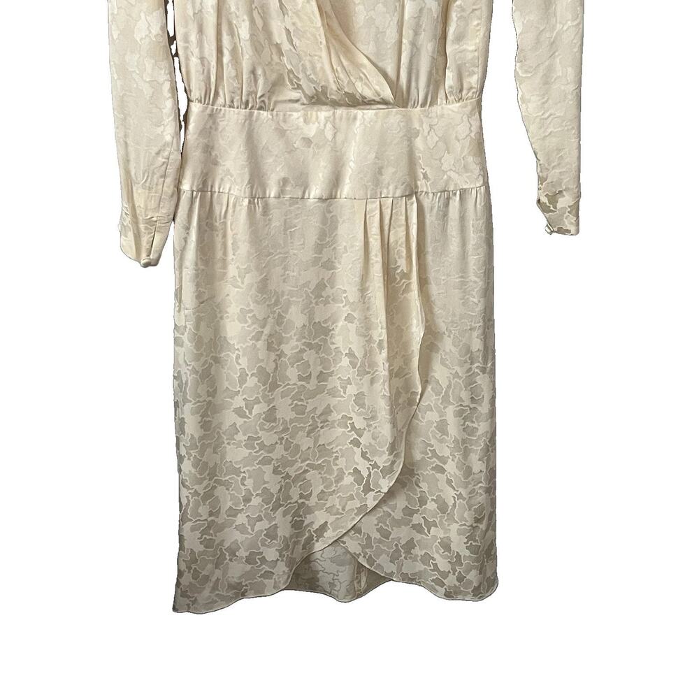 Vintage 80s Liz Claiborne Silk Dress 8 P Pale Yellow Jacquard Floral Faux Wrap - Picture 6 of 16